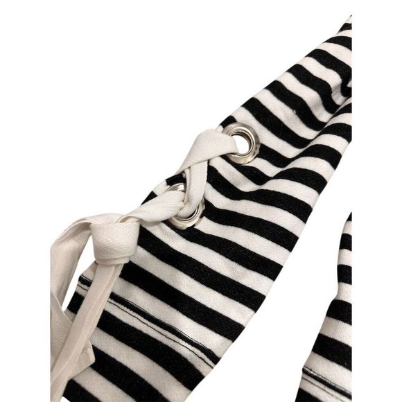 Halogen Womens Striped Crew Neck‎ Sweater Top Black Lace Up Sleeves S - Picture 4 of 5